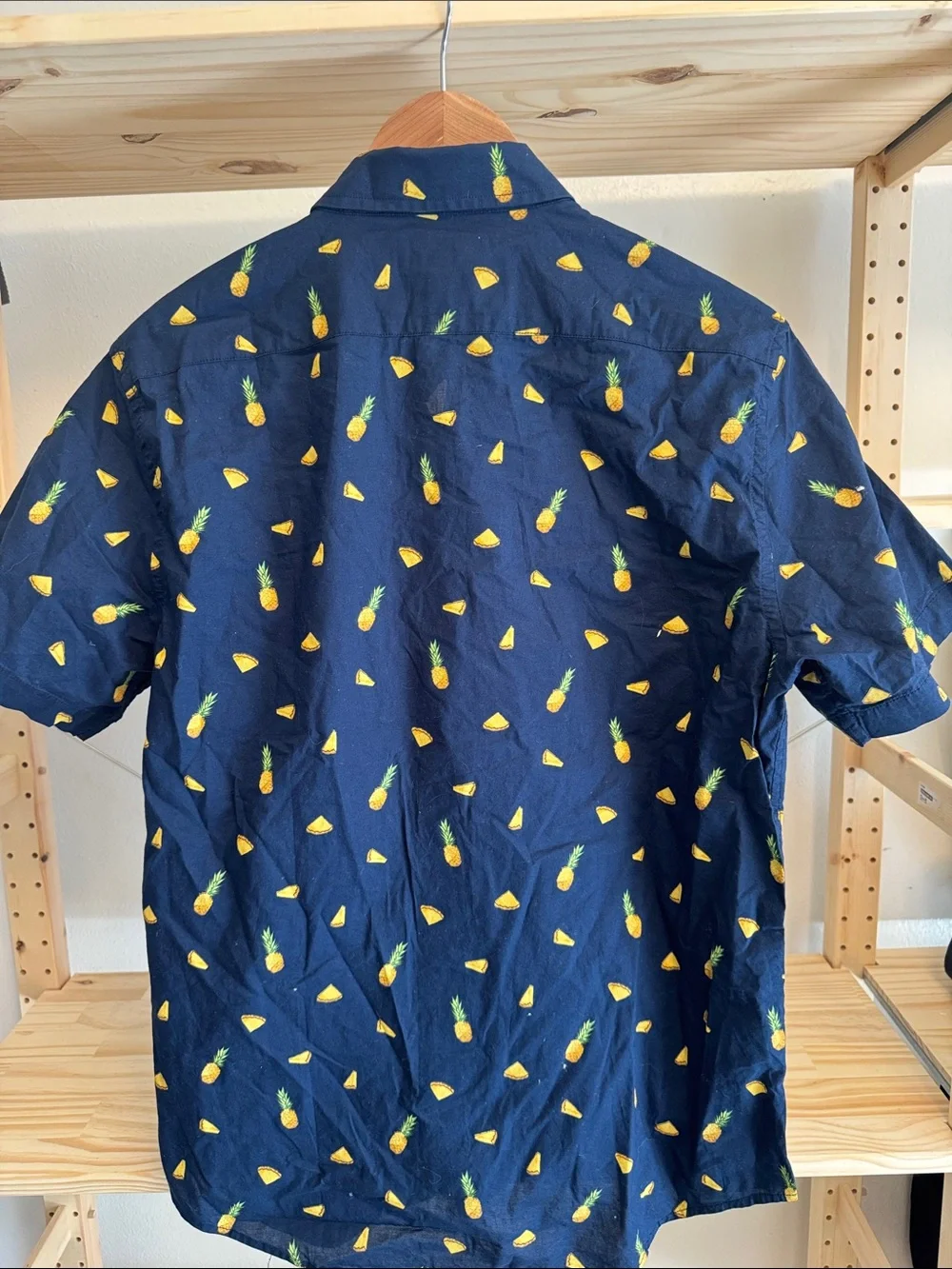 Banana Republic Navy Short-Sleeve Button-Down with Yellow Pineapple Print